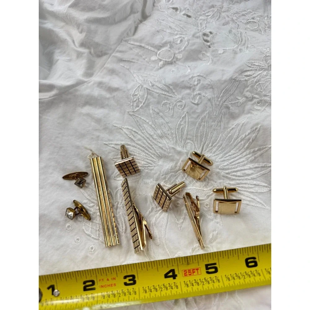 Mens‎ Gold Tone Cufflink Tie Clip Set Square Crystal Elegant Formal vintg